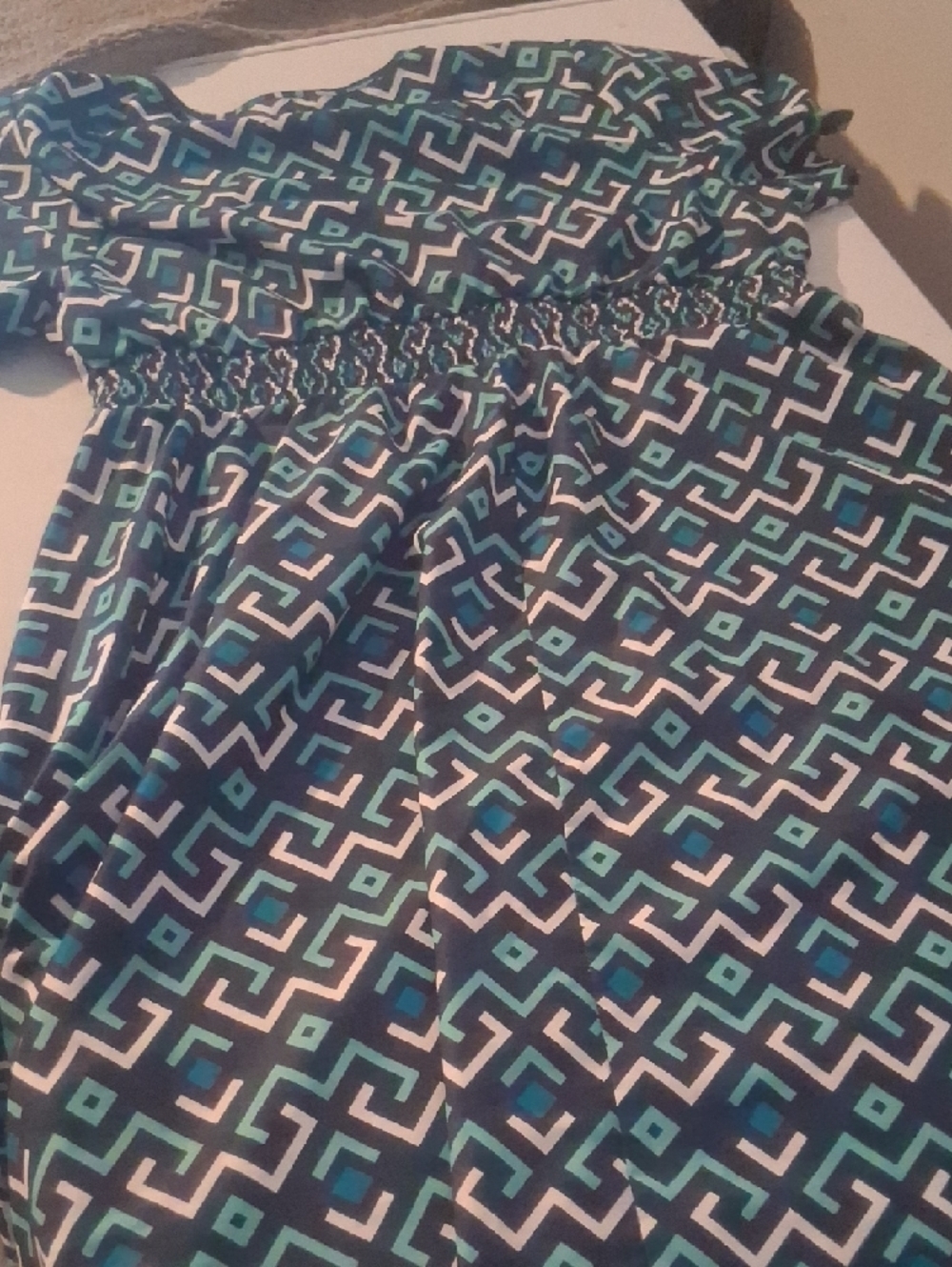 BloomChic Teal Geometric Smocked Waist Midi Dress - Picture 6 of 6